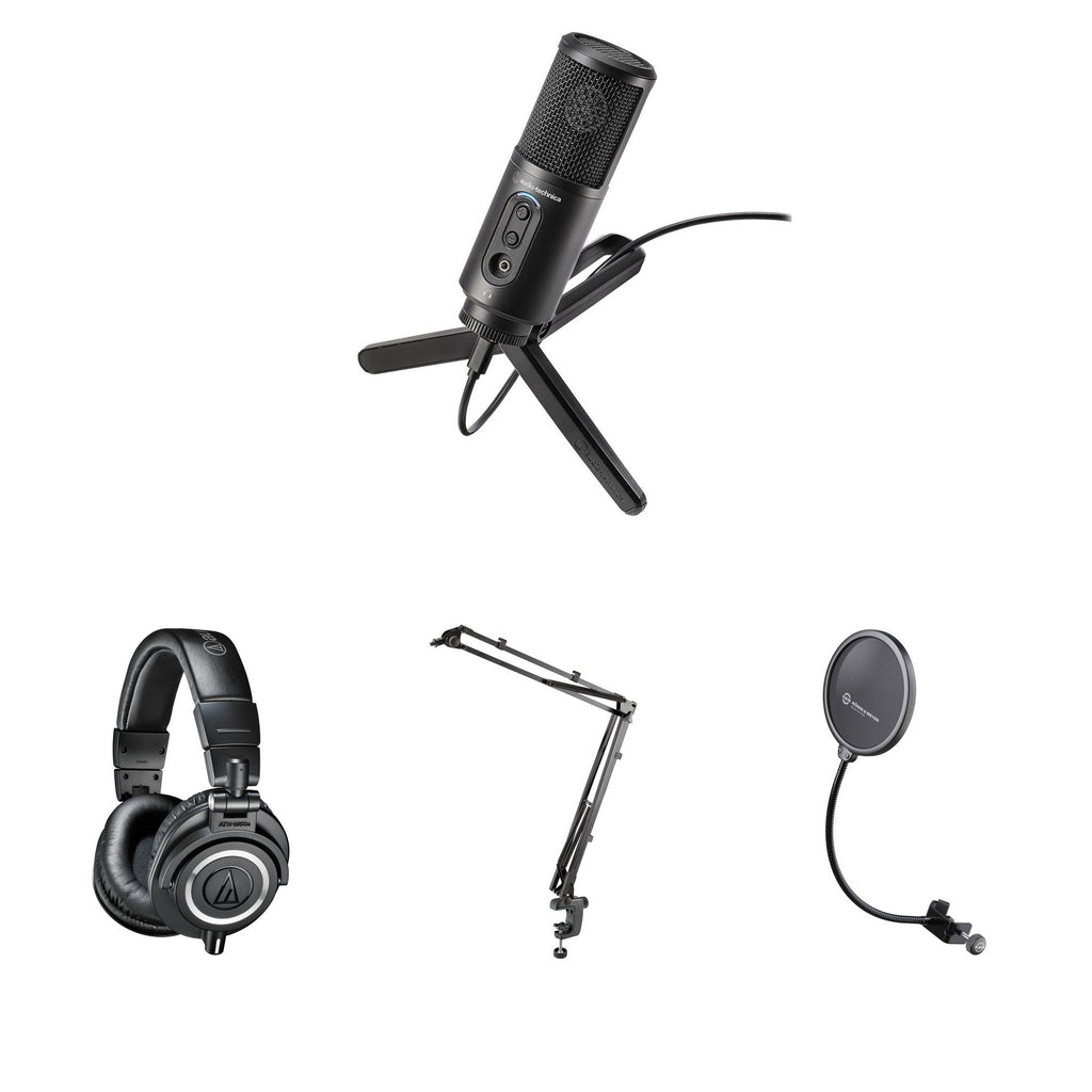 Audio-Technica ATR2500x-USB home studio microphone set with microphone, stand, and accessories for podcasting and recording.