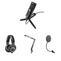 Audio-Technica ATR2500x-USB home studio microphone set with microphone, stand, and accessories for podcasting and recording.