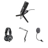 Audio-Technica ATR2500x-USB home studio microphone bundle with microphone, stand, and accessories for podcasting and recording.