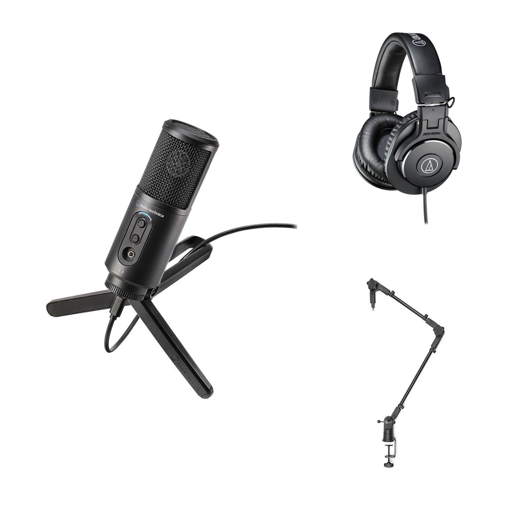Audio-Technica ATR2500x-USB podcasting microphone set with accessories, ideal for home recording and streaming.