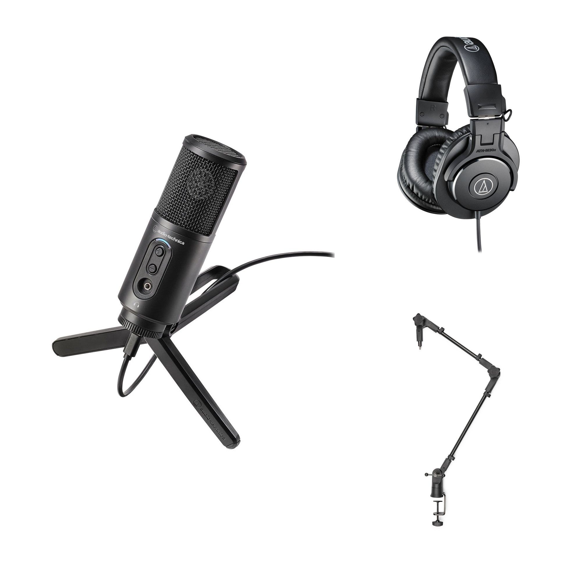 Audio-Technica ATR2500x-USB podcasting microphone set with accessories, ideal for home recording and streaming.