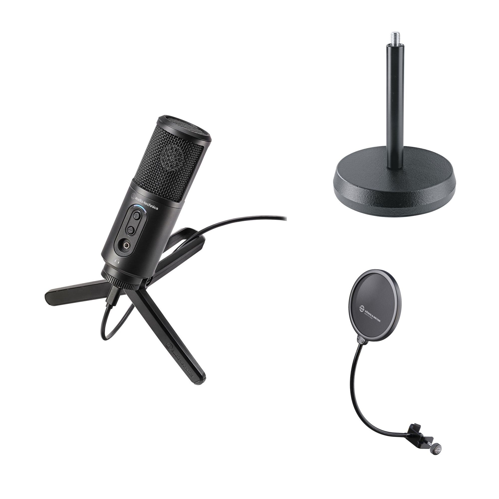 Audio-Technica ATR2500x-USB microphone starter kit with microphone, stand, and accessories for home recording and streaming.