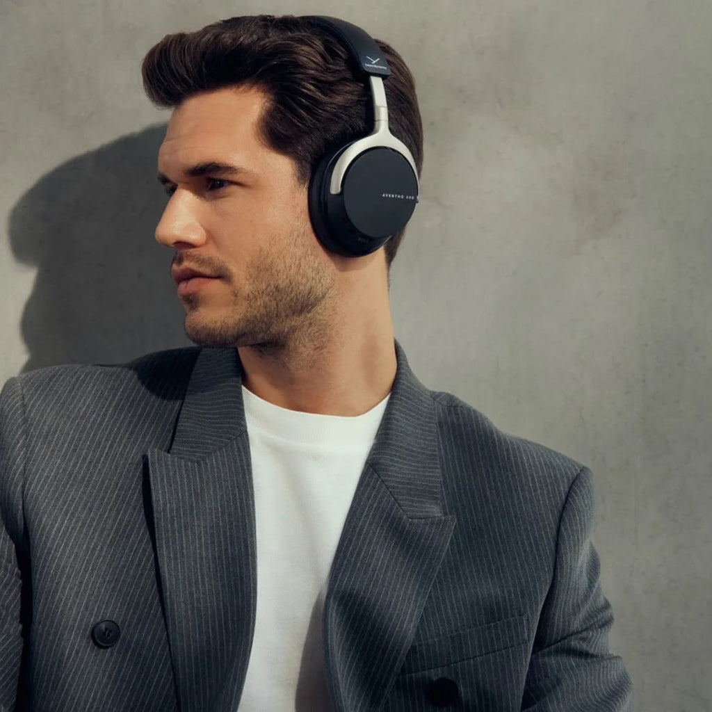 Beyerdynamic Aventho 200 wireless over-ear headphones with active noise cancellation, black design, and plush ear cushions.