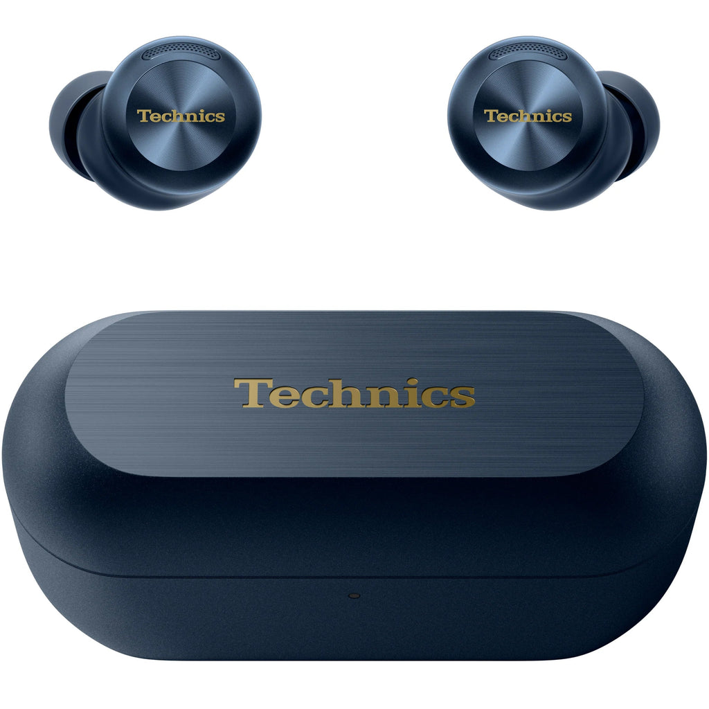Technics EAH-AZ100 wireless in-ear headphones with sleek black earbuds and charging case, designed for high-quality audio.