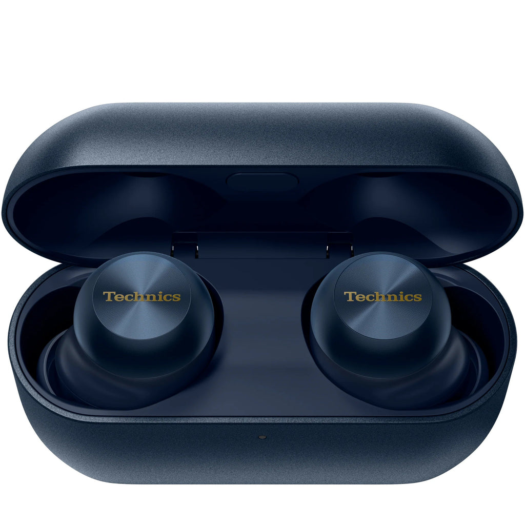Technics EAH-AZ100 wireless in-ear headphones with sleek black design and compact charging case on a white background.