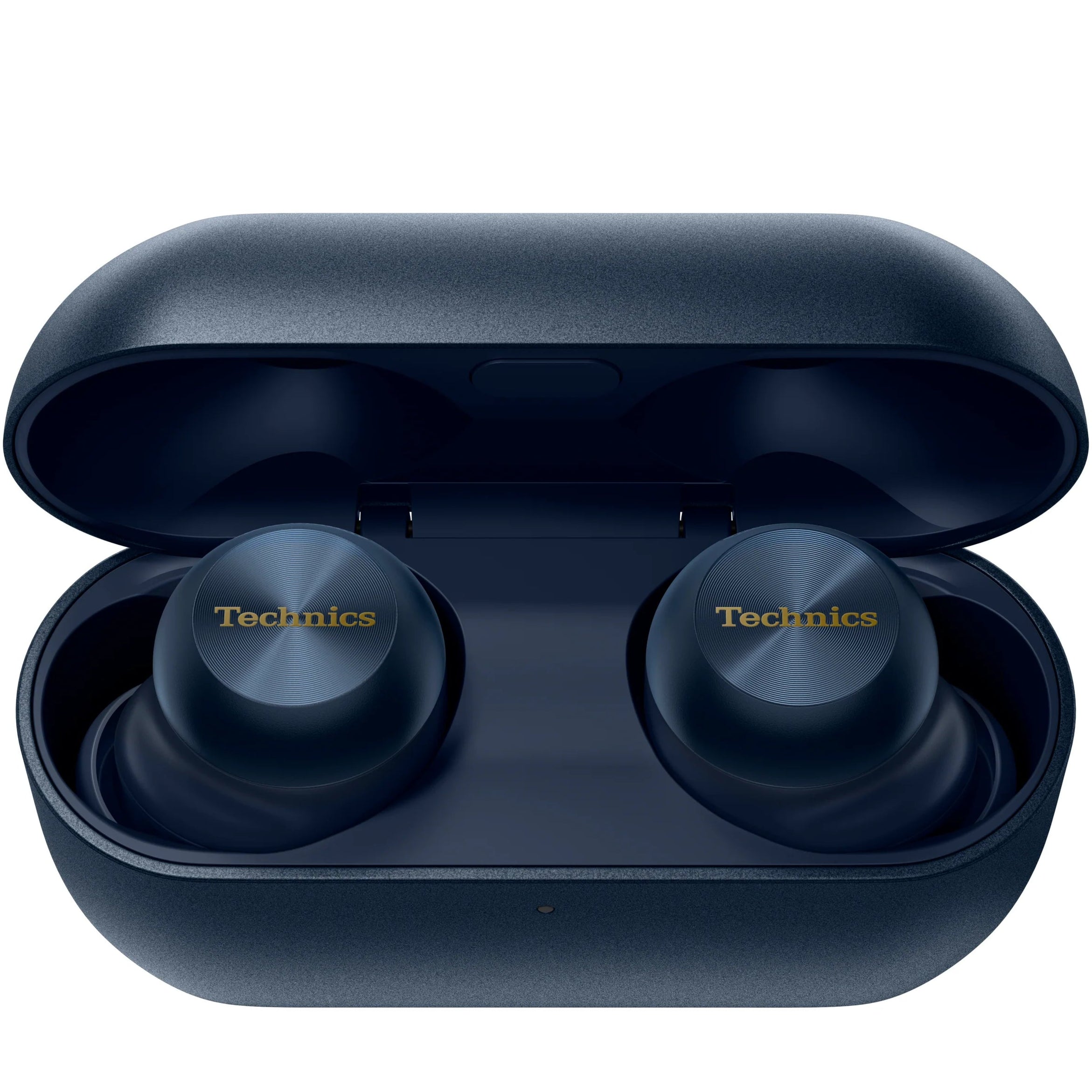 Technics EAH-AZ100 wireless in-ear headphones with sleek black design and compact charging case on a white background.