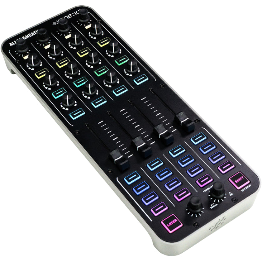 Allen & Heath Xone:K3 DJ controller with jog wheels, mixer controls, and colorful LED indicators for professional DJ mixing.
