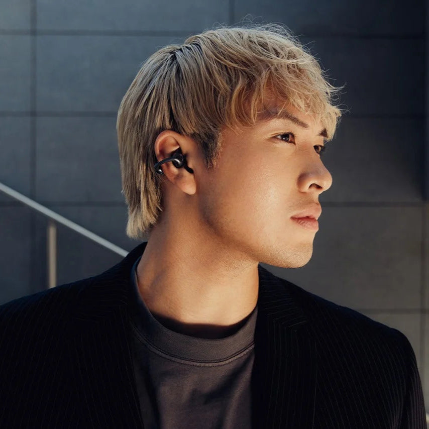 Beyerdynamic Amiron Zero wireless in-ear headphones with open-ear design and long battery life, in black with earclip style.