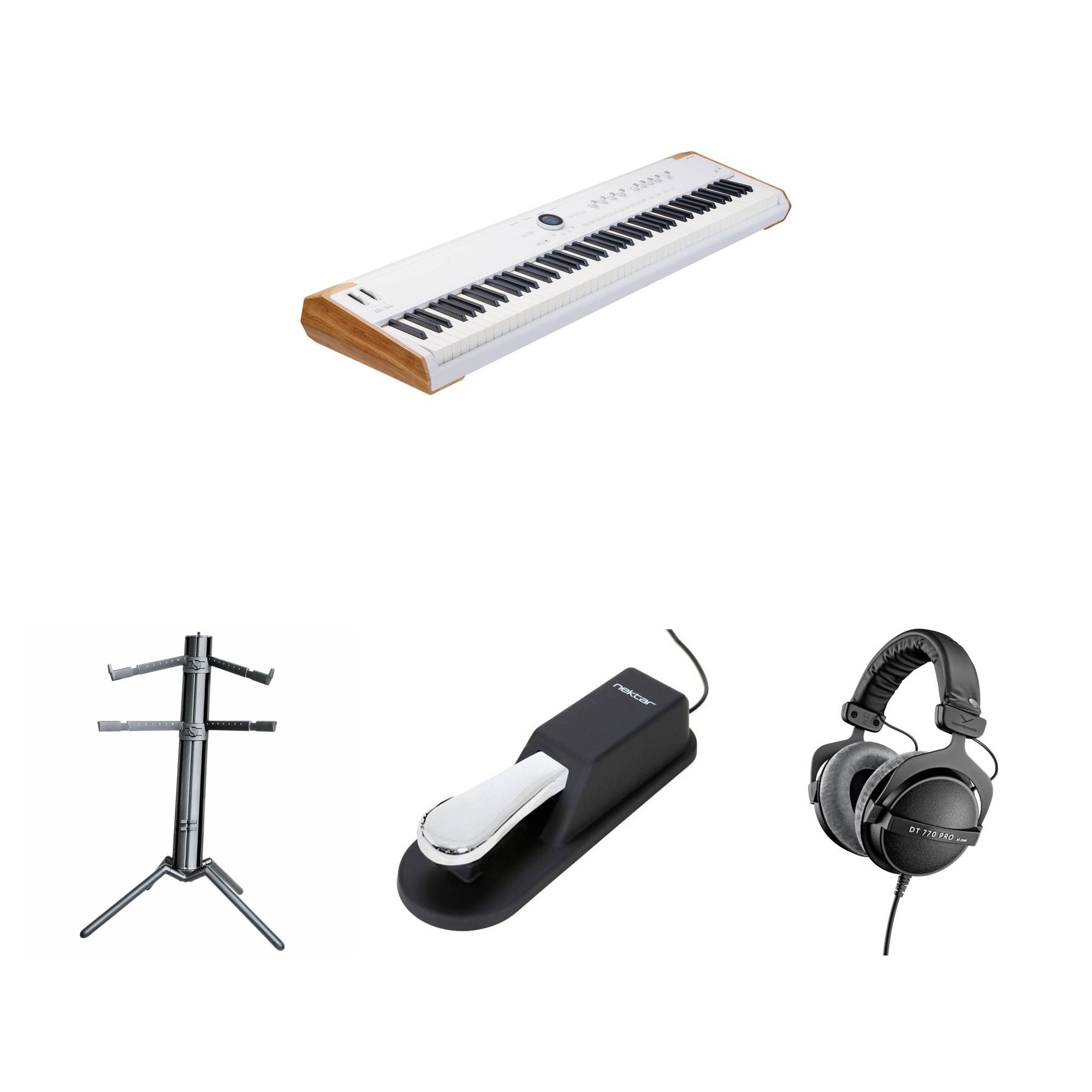 Arturia AstroLab 88 Stage Pro keyboard bundle showing a sleek 88-key MIDI controller with control knobs and connectivity ports.