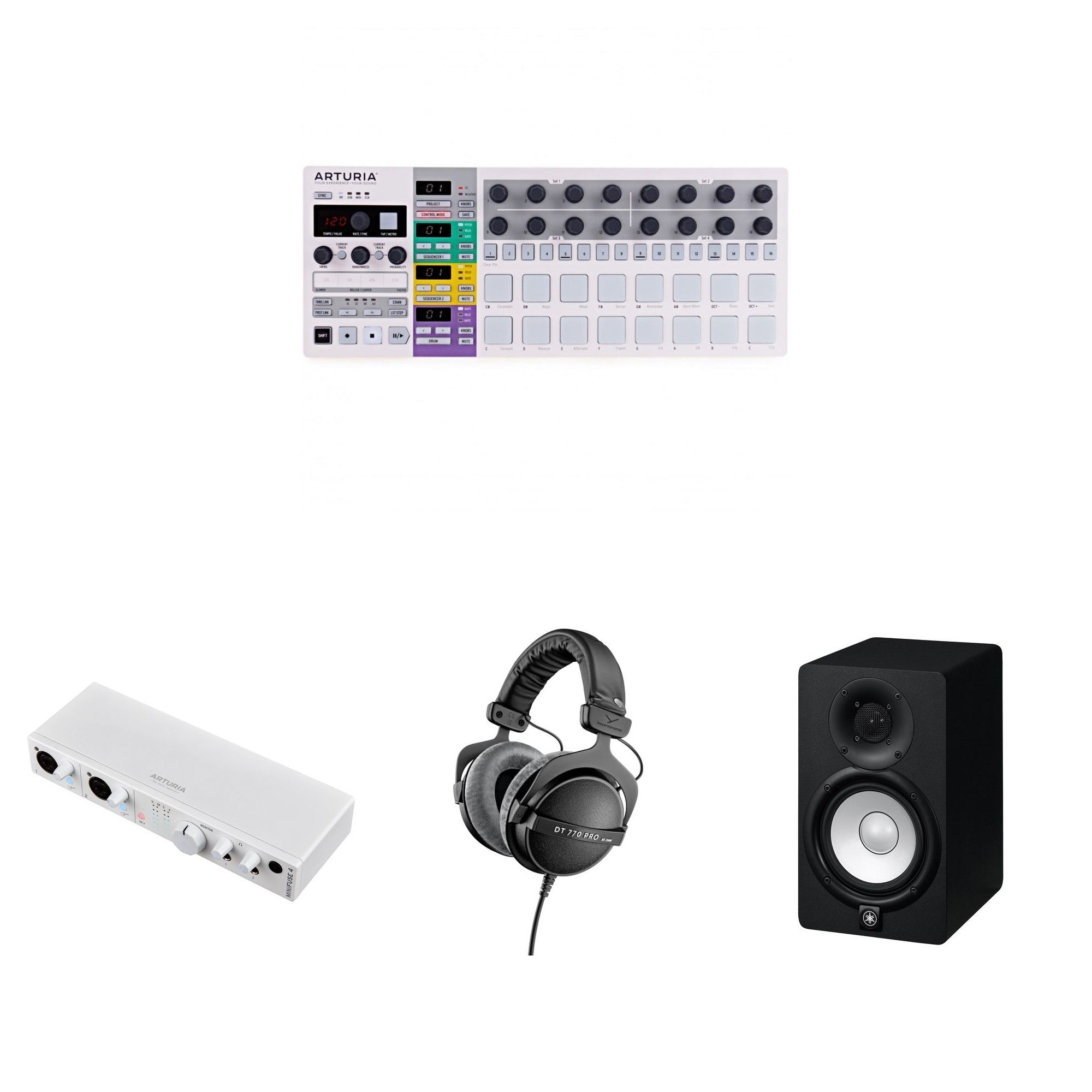 Arturia BeatStep Pro controller and keyboard bundle with various control surfaces and connectivity options for music production.