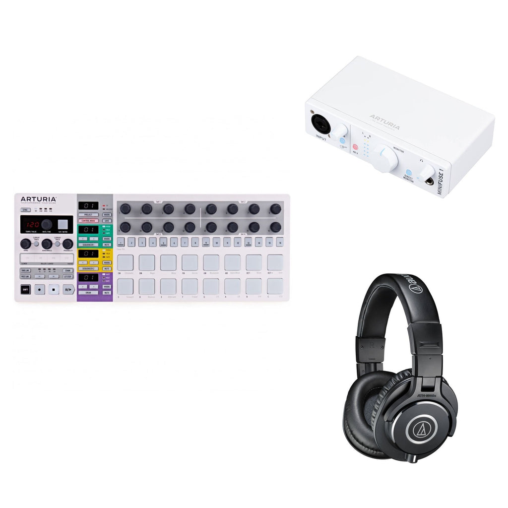 Arturia BeatStep Pro home studio keyboard bundle with MIDI controllers, synthesizers, and studio accessories on a desk setup.