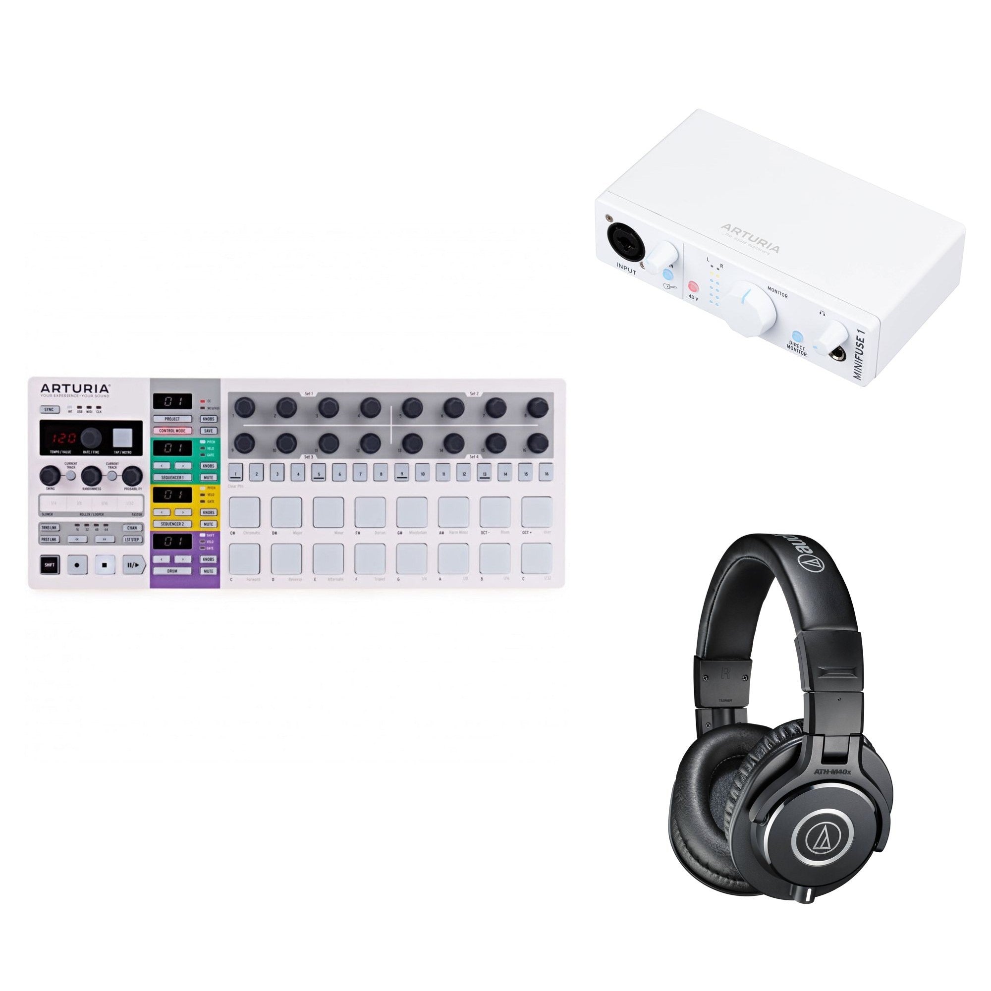 Arturia BeatStep Pro home studio keyboard bundle with MIDI controllers, synthesizers, and studio accessories on a desk setup.
