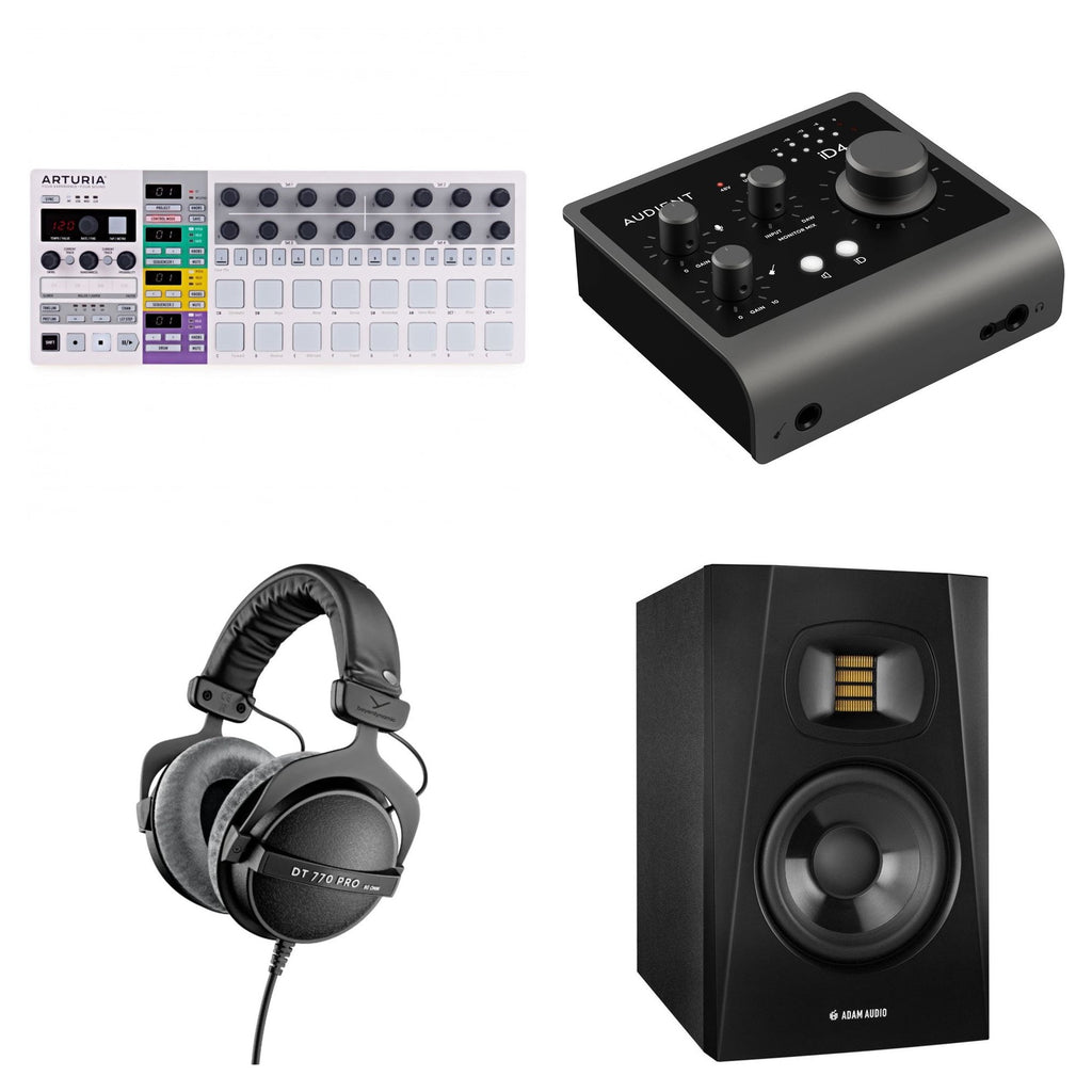 Arturia BeatStep Pro studio bundle with MIDI keyboard controller, multiple control knobs, and connection ports for music production.