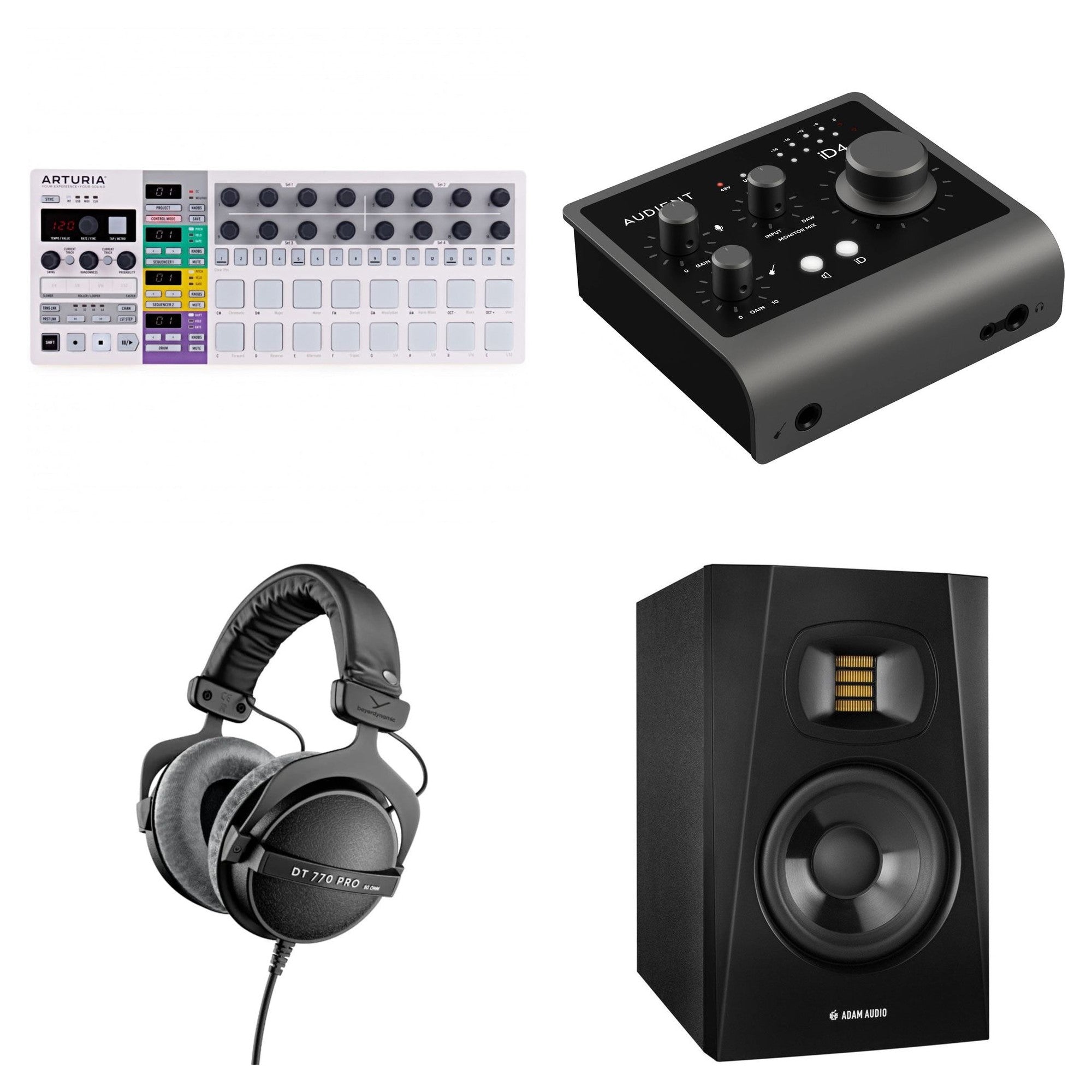 Arturia BeatStep Pro studio bundle with MIDI keyboard controller, multiple control knobs, and connection ports for music production.