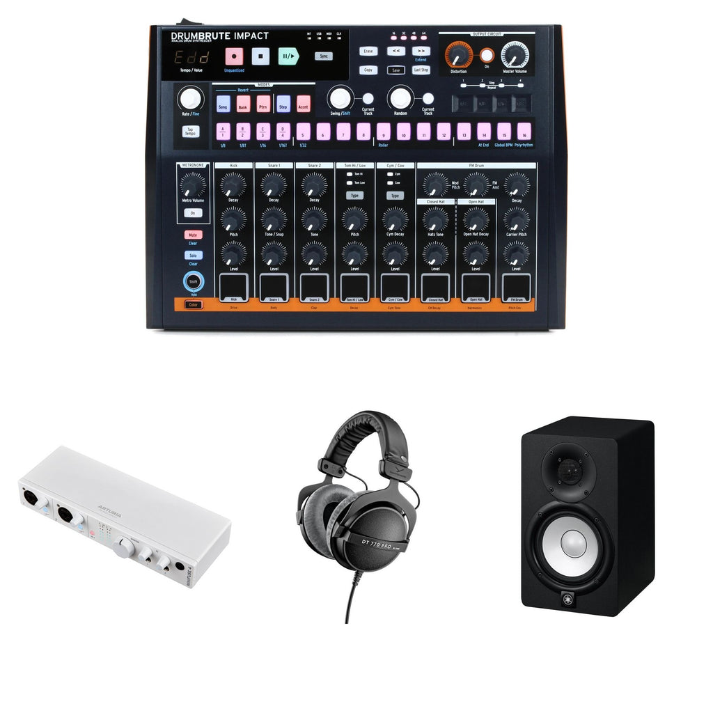 Arturia DrumBrute Impact Beat Lab Kit includes keyboard bundle with drum machine, synthesizer, and musical accessories.