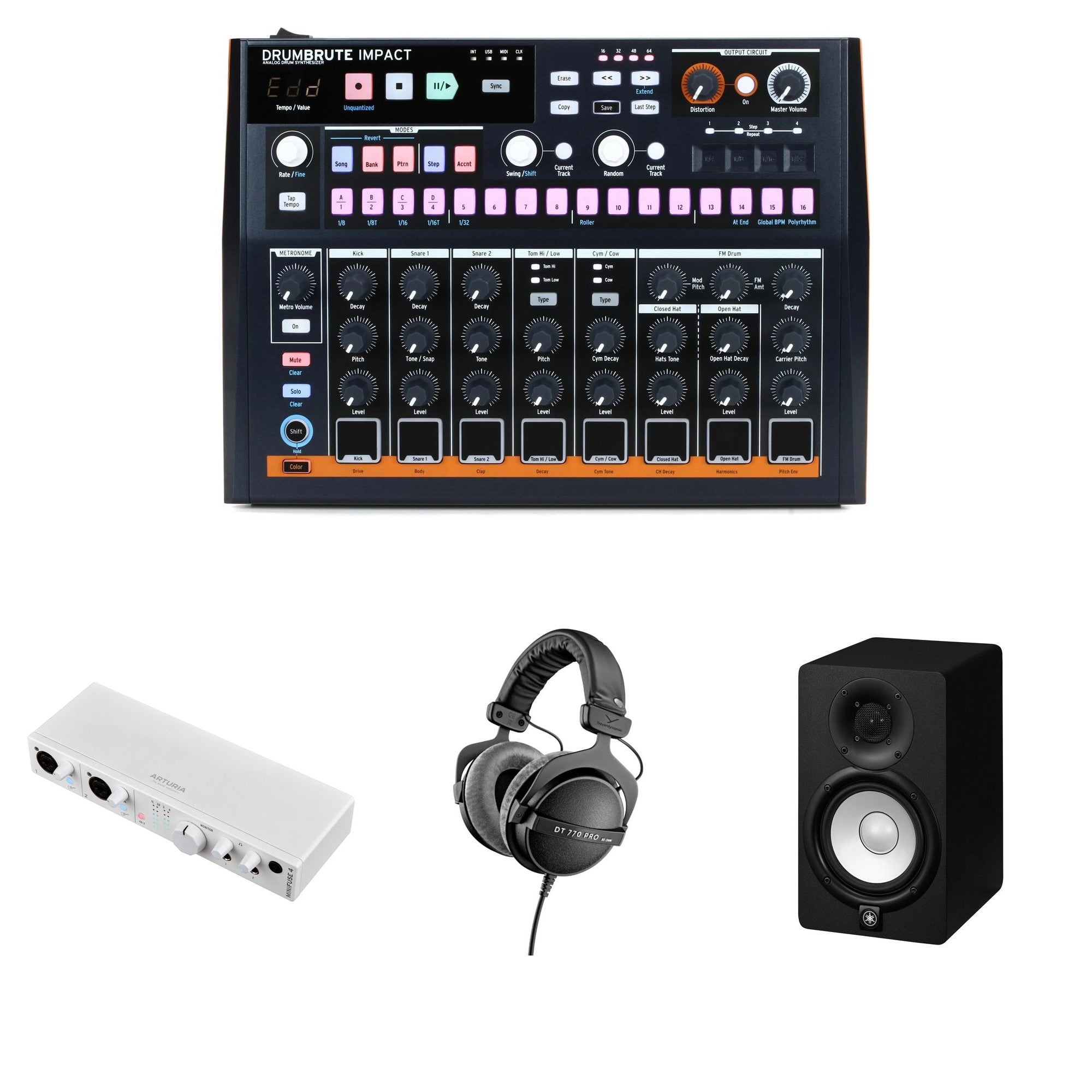 Arturia DrumBrute Impact Beat Lab Kit includes keyboard bundle with drum machine, synthesizer, and musical accessories.