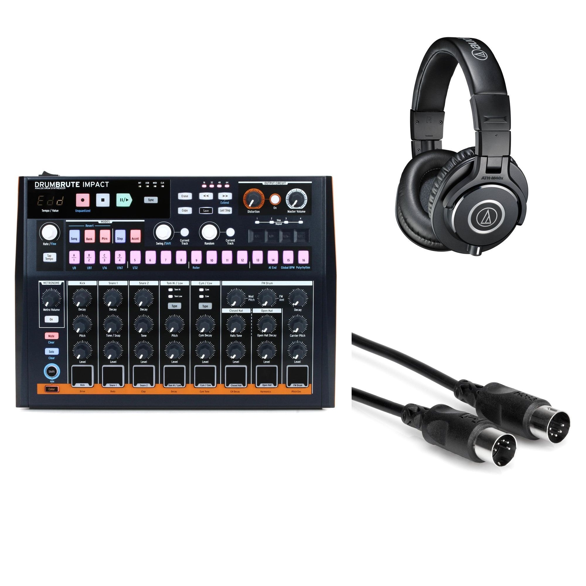 Arturia DrumBrute Impact Beat Starter Kit with keyboard bundle featuring drum machine, synthesizer, and accessories on a white background.