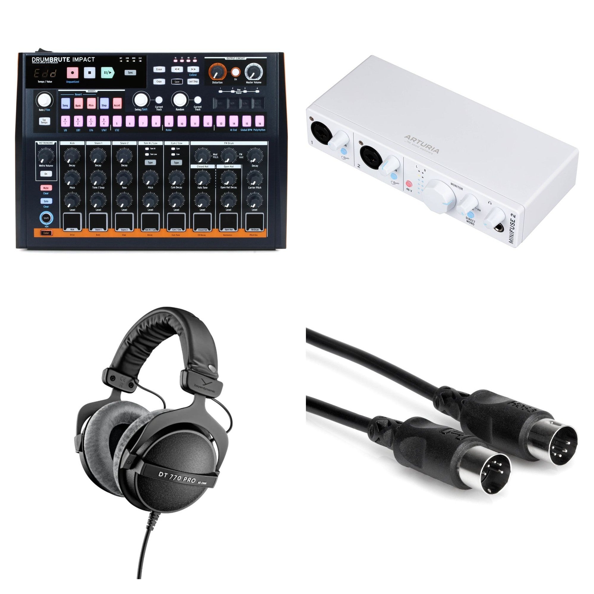 Arturia DrumBrute Impact Producer Kit with keyboard and drum modules, featuring colorful controls and musical equipment for music production.
