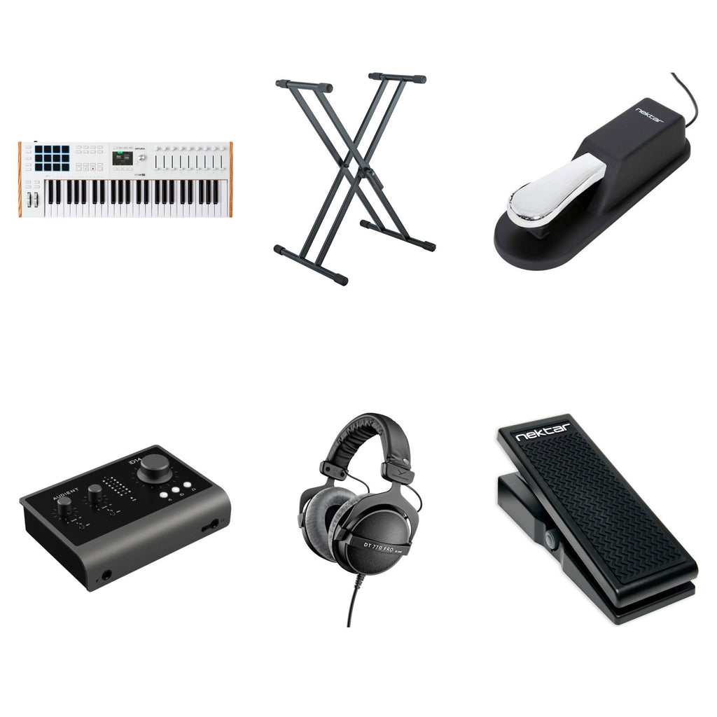 Arturia KeyLab 49 MK3 Producer Kit with MIDI keyboard controller, included software, and accessories for music production.