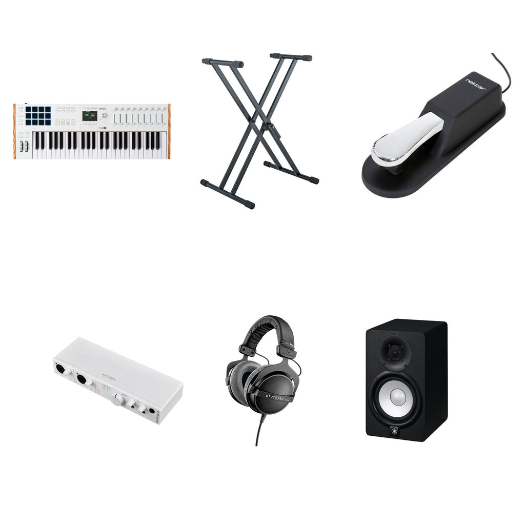 Arturia KeyLab 49 MK3 studio bundle with MIDI keyboard, control surfaces, and accessories for music production.
