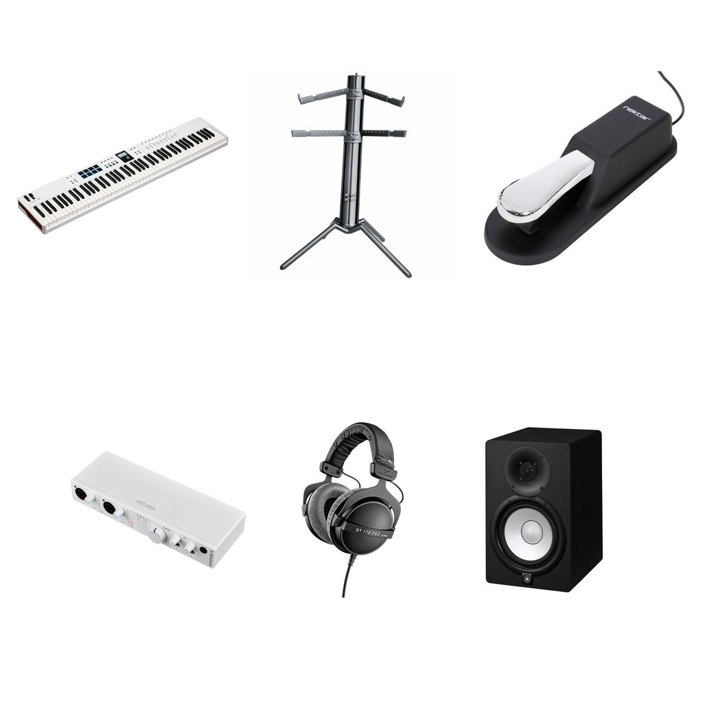 Arturia KeyLab Essential 88 MK3 MIDI keyboard bundle with controller, software, and accessories for music production.