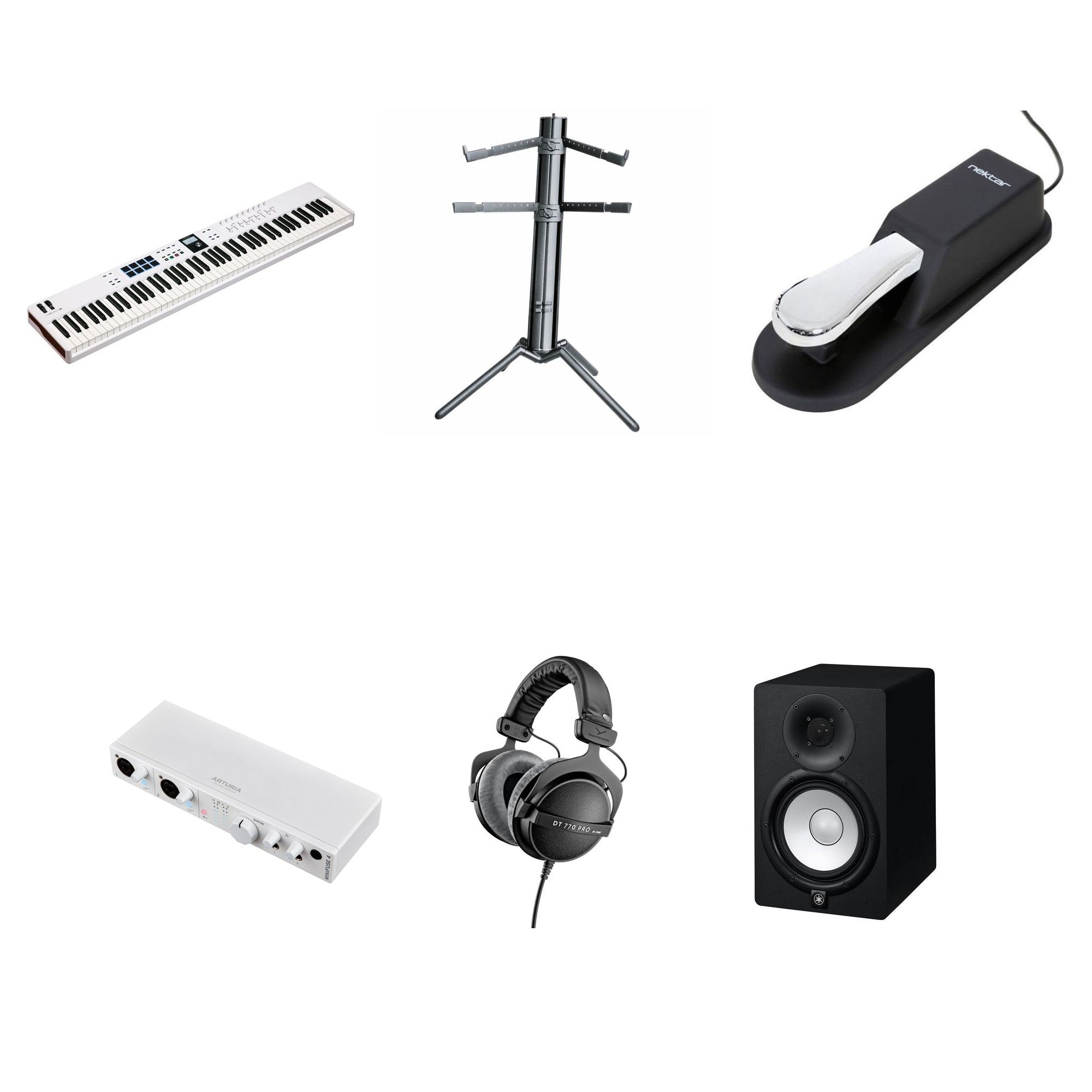 Arturia KeyLab Essential 88 MK3 MIDI keyboard bundle with controller, software, and accessories for music production.