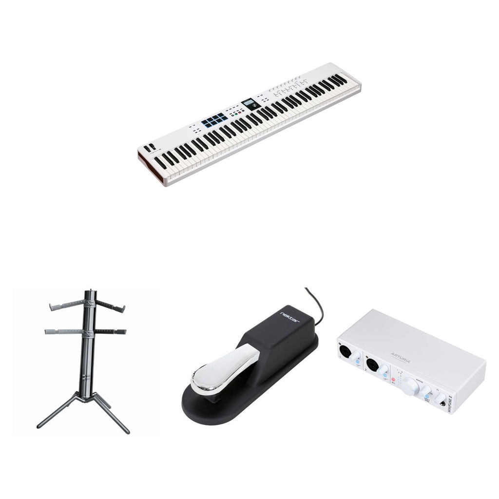 Arturia KeyLab Essential 88 MK3 music production keyboard bundle with keys, controls, and included accessories.