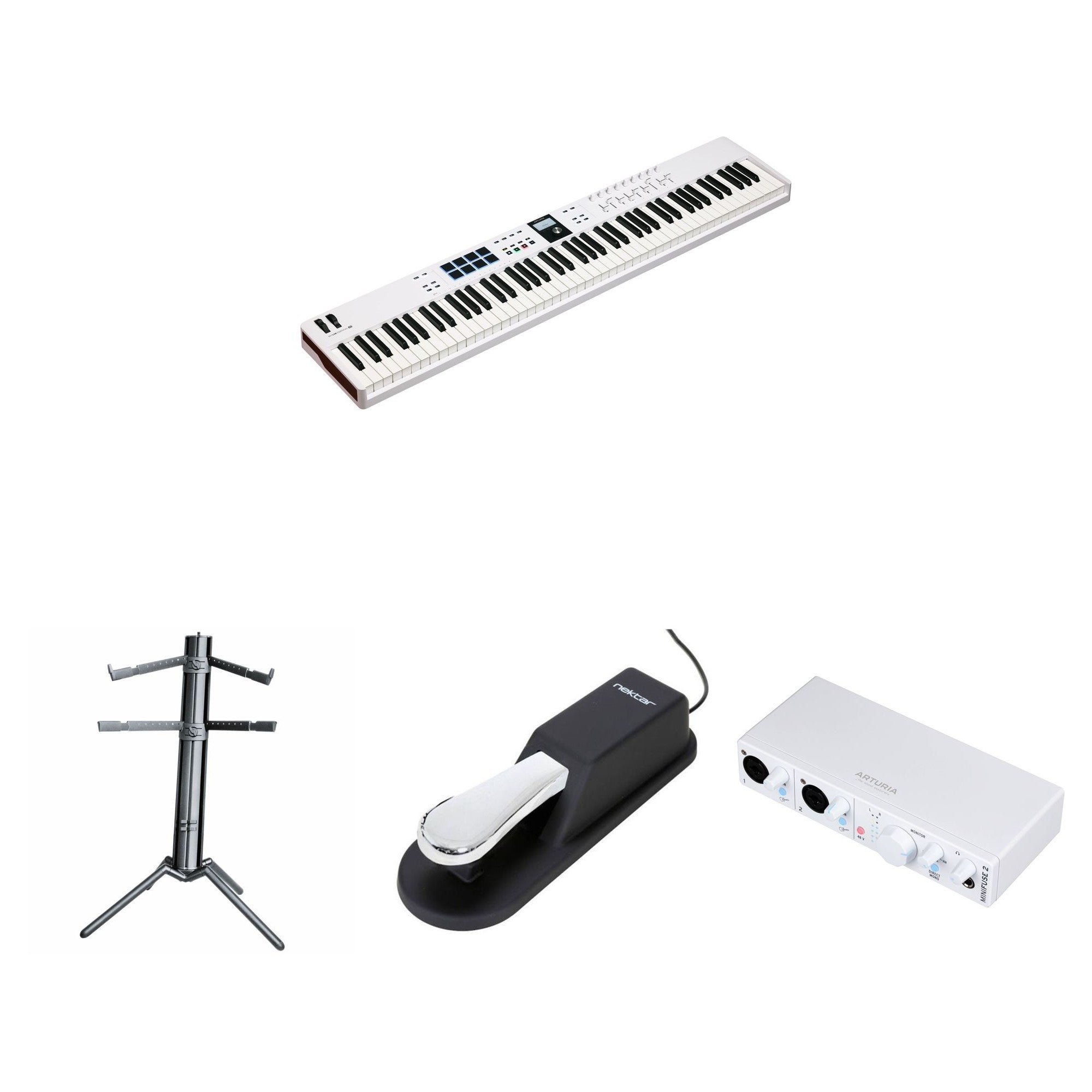 Arturia KeyLab Essential 88 MK3 music production keyboard bundle with keys, controls, and included accessories.
