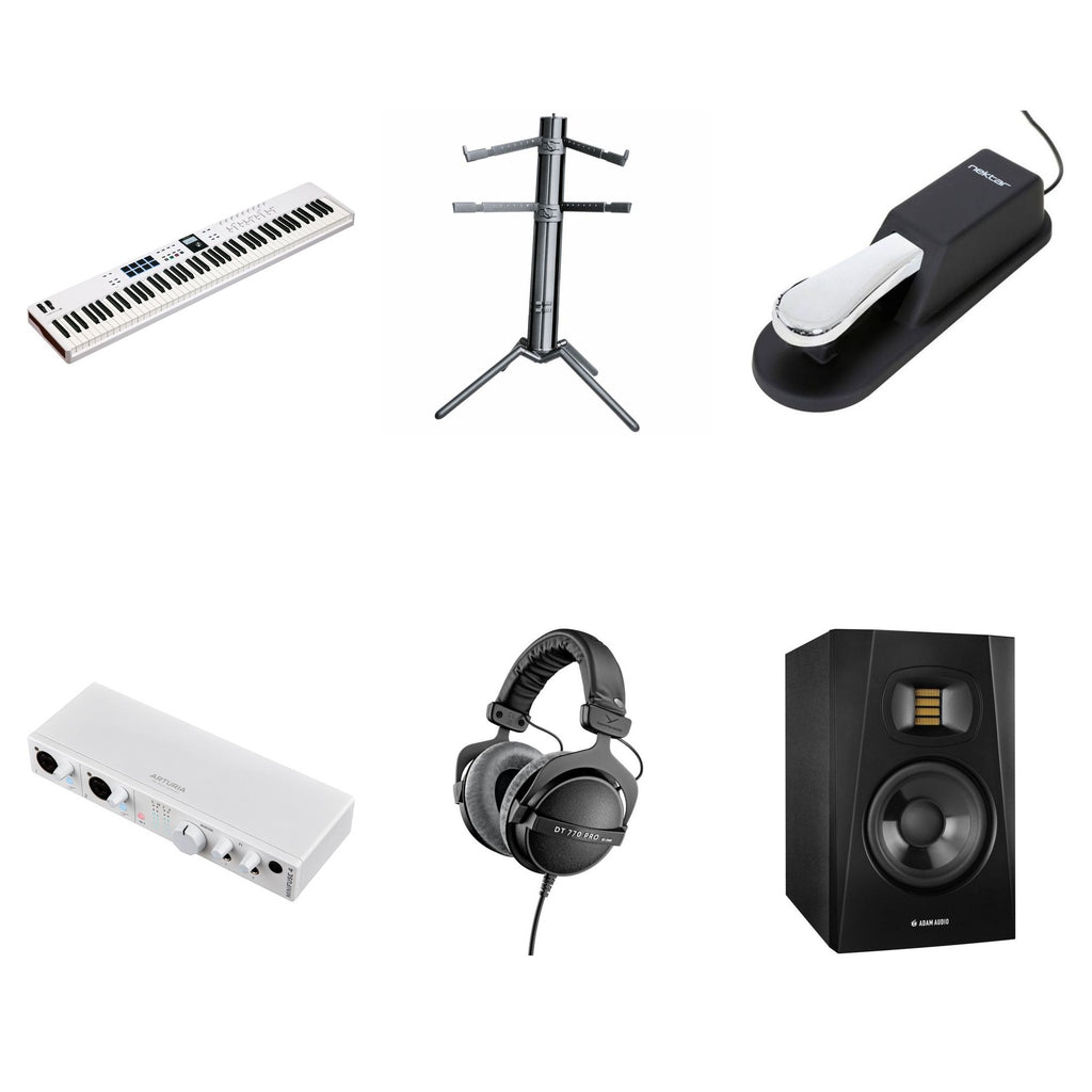 Arturia KeyLab Essential 88 MK3 Studio Bundle featuring a MIDI keyboard controller and accessories for music production.