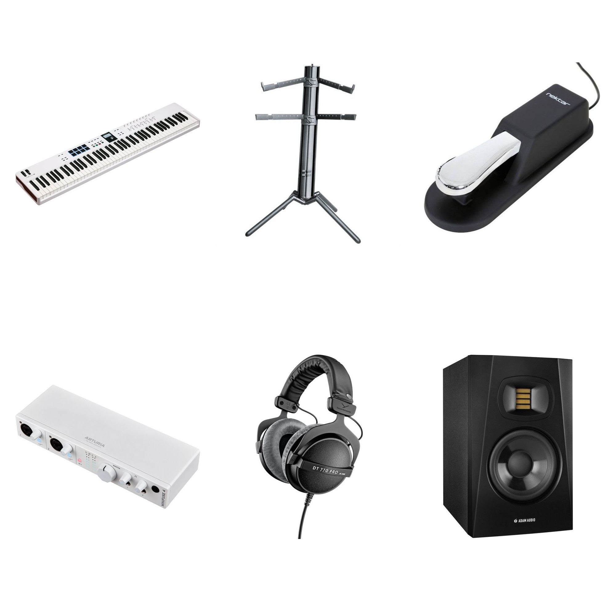 Arturia KeyLab Essential 88 MK3 Studio Bundle featuring a MIDI keyboard controller and accessories for music production.