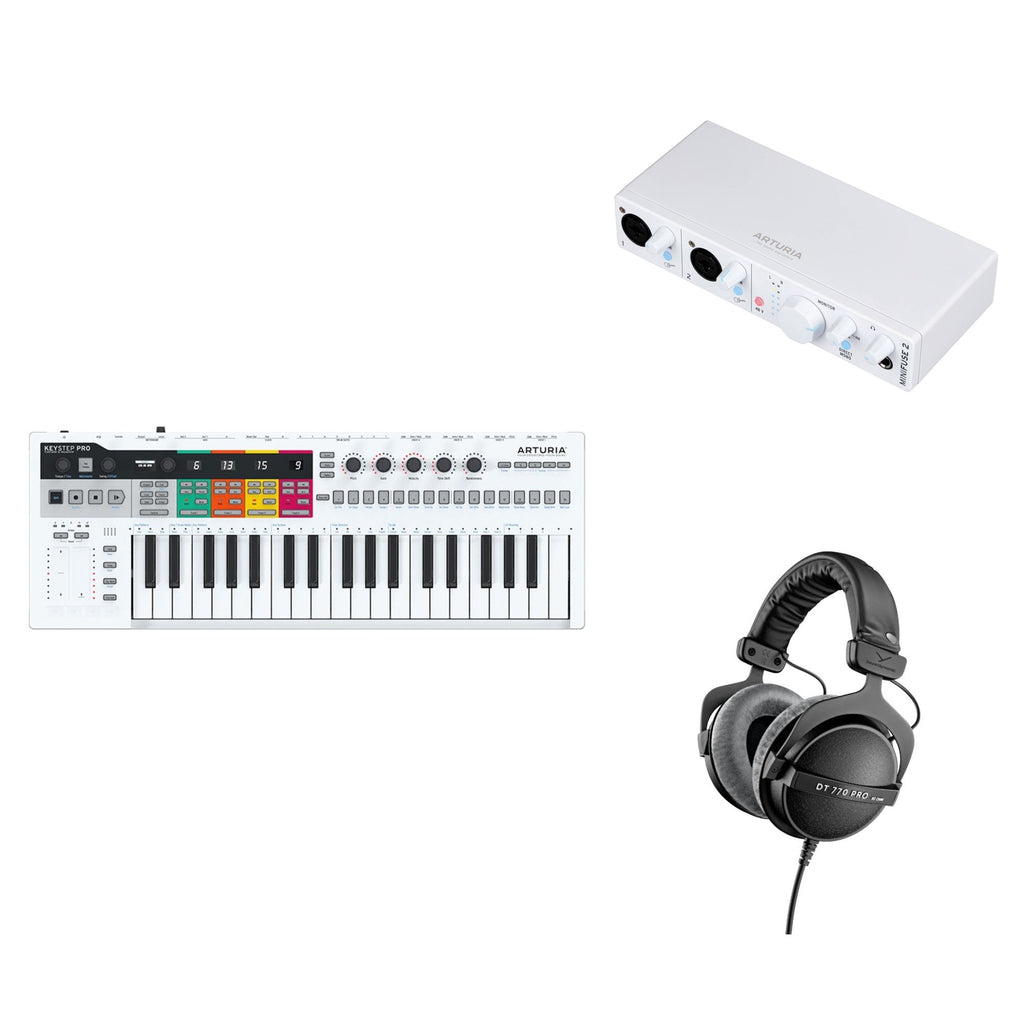 Arturia KeyStep Pro home studio keyboard bundle with MIDI controller and synthesizer, compact and versatile for music production.