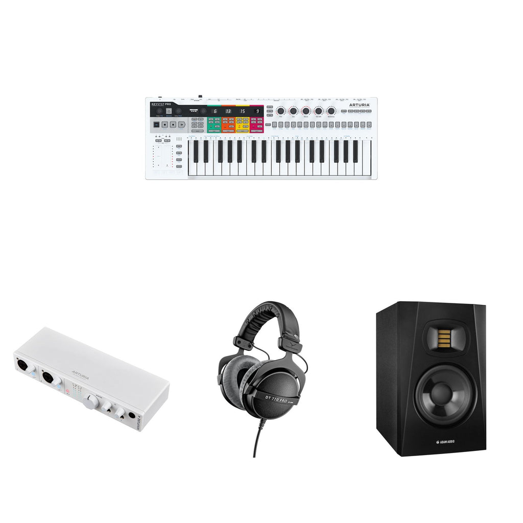 Arturia KeyStep Pro studio bundle including MIDI keyboard controller, cables, and accessories for music production.
