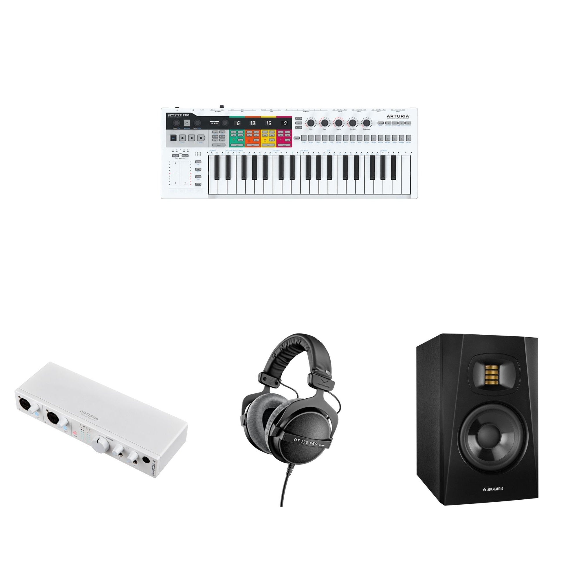 Arturia KeyStep Pro studio bundle including MIDI keyboard controller, cables, and accessories for music production.