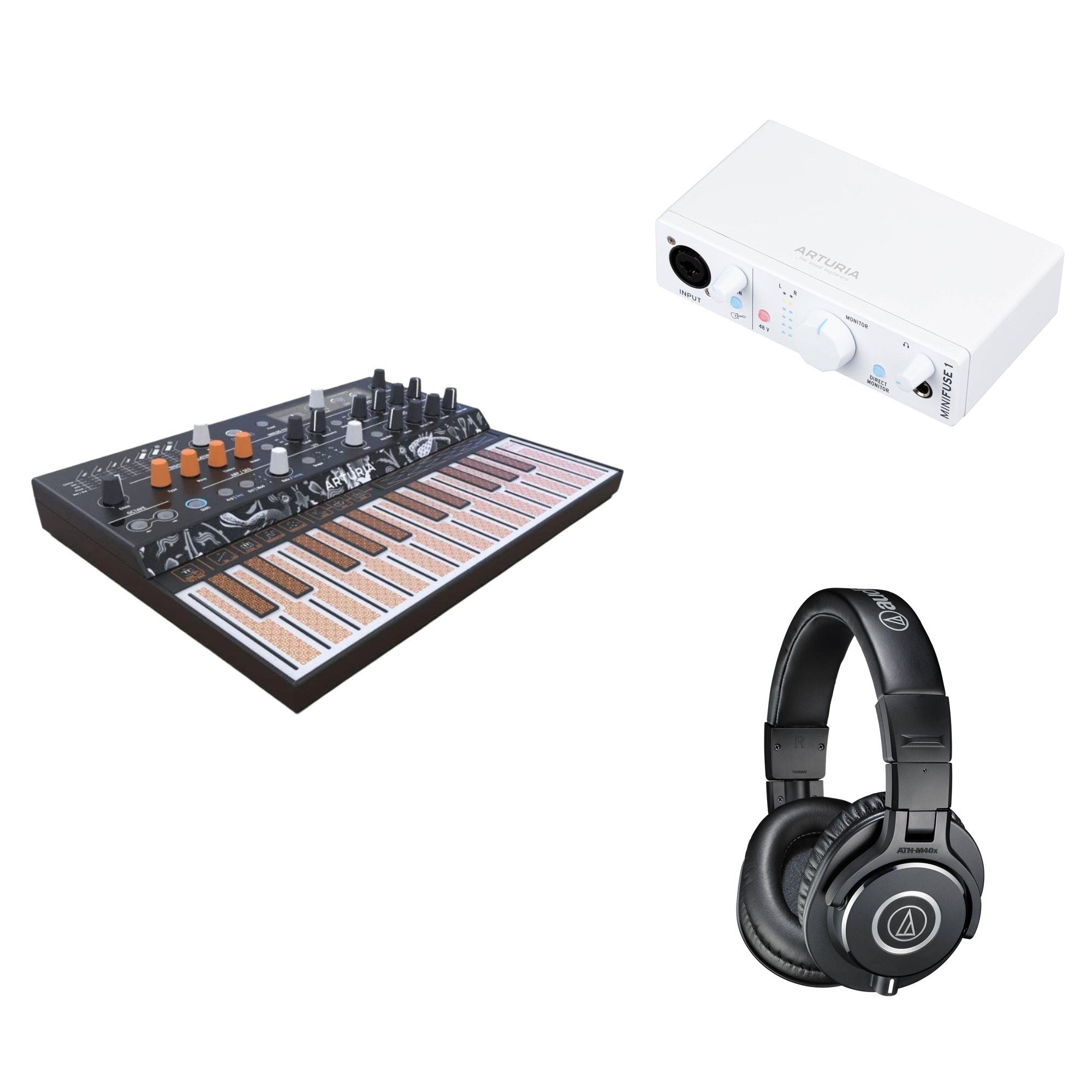 Arturia MicroFreak keyboard bundle with accessories for home studio setup, featuring compact digital synthesizer and musical production tools.