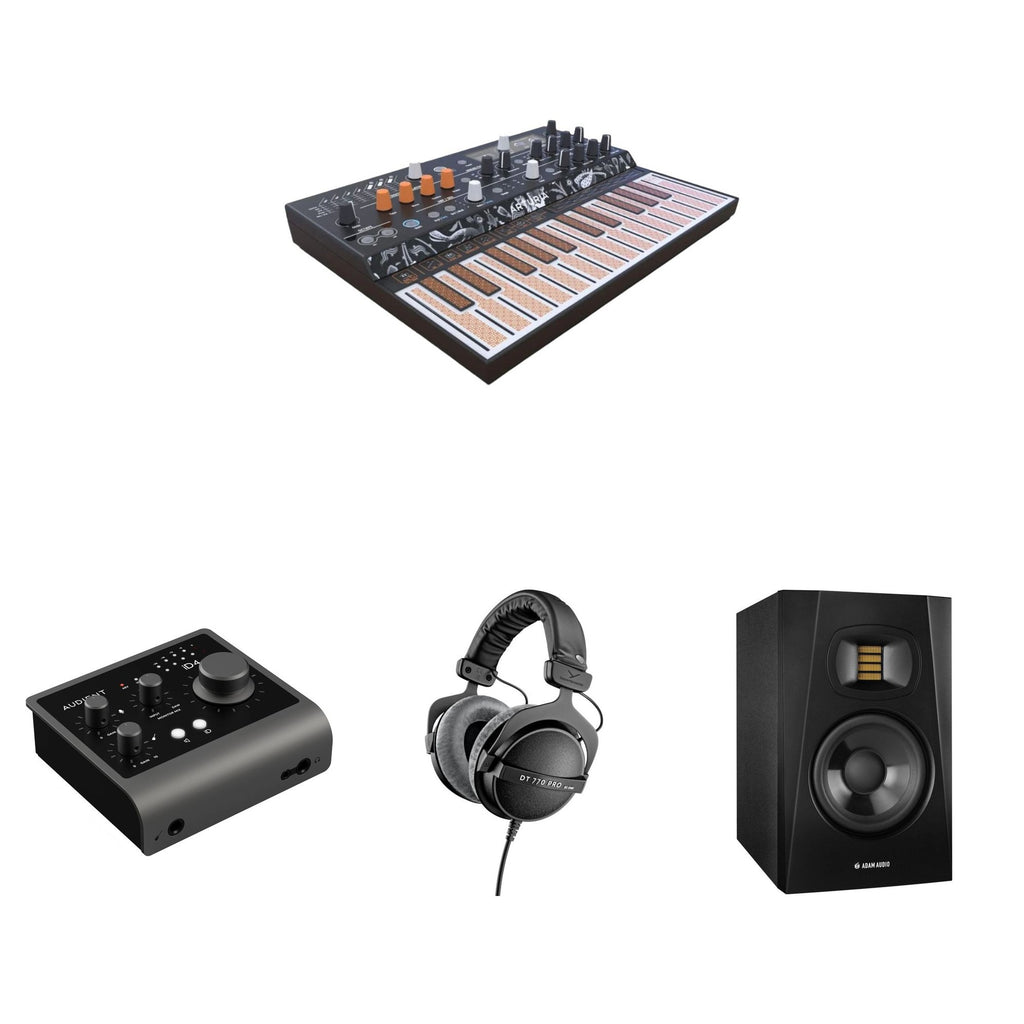 Arturia MicroFreak Studio Bundle featuring a versatile keyboard synthesizer with various accessories and components for music production.