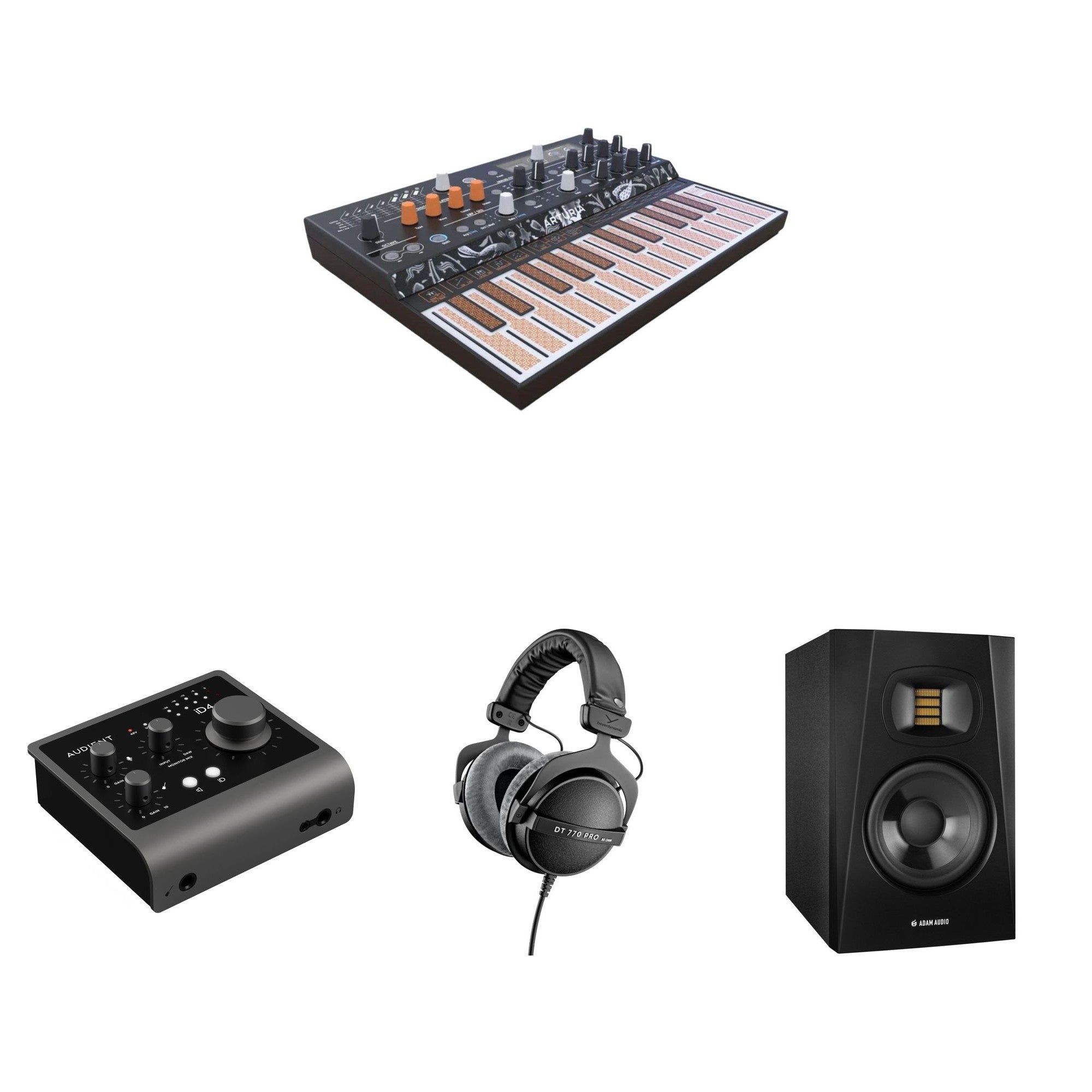 Arturia MicroFreak Studio Bundle featuring a versatile keyboard synthesizer with various accessories and components for music production.