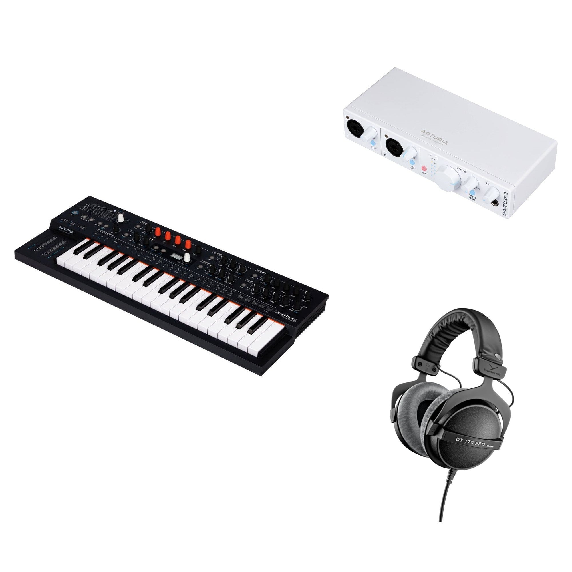 Arturia MiniFreak keyboard bundle with compact digital synthesizer and studio accessories for home music production.
