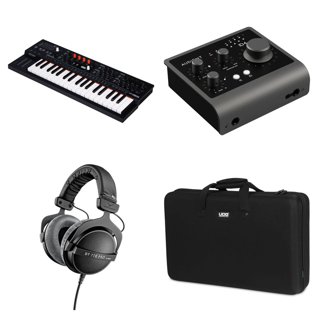 Arturia MiniFreak Producer Kit with keyboard bundle featuring synthesizer and accessories for music production.