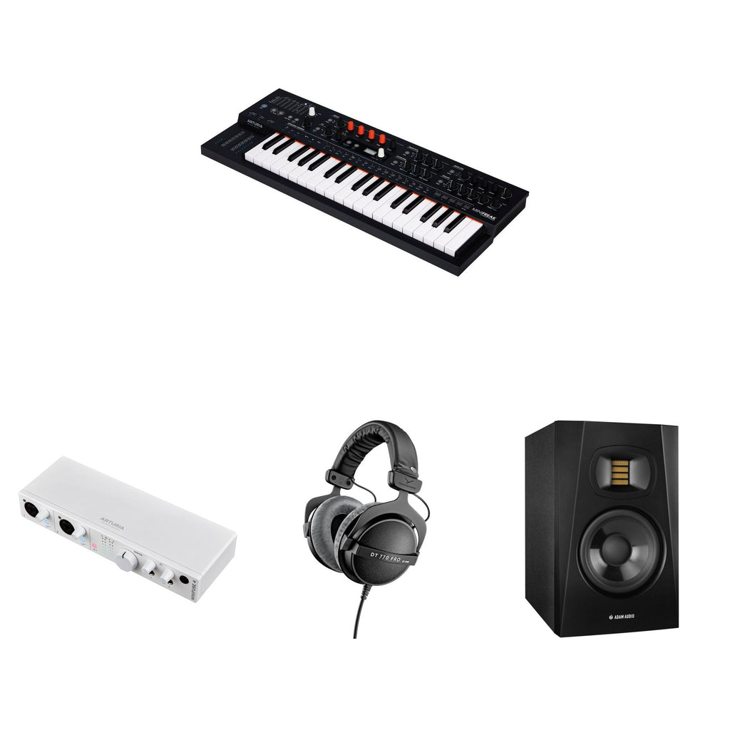 Arturia MiniFreak Studio Bundle keyboard and accessories set, featuring compact digital synthesizer and studio gear for music production.