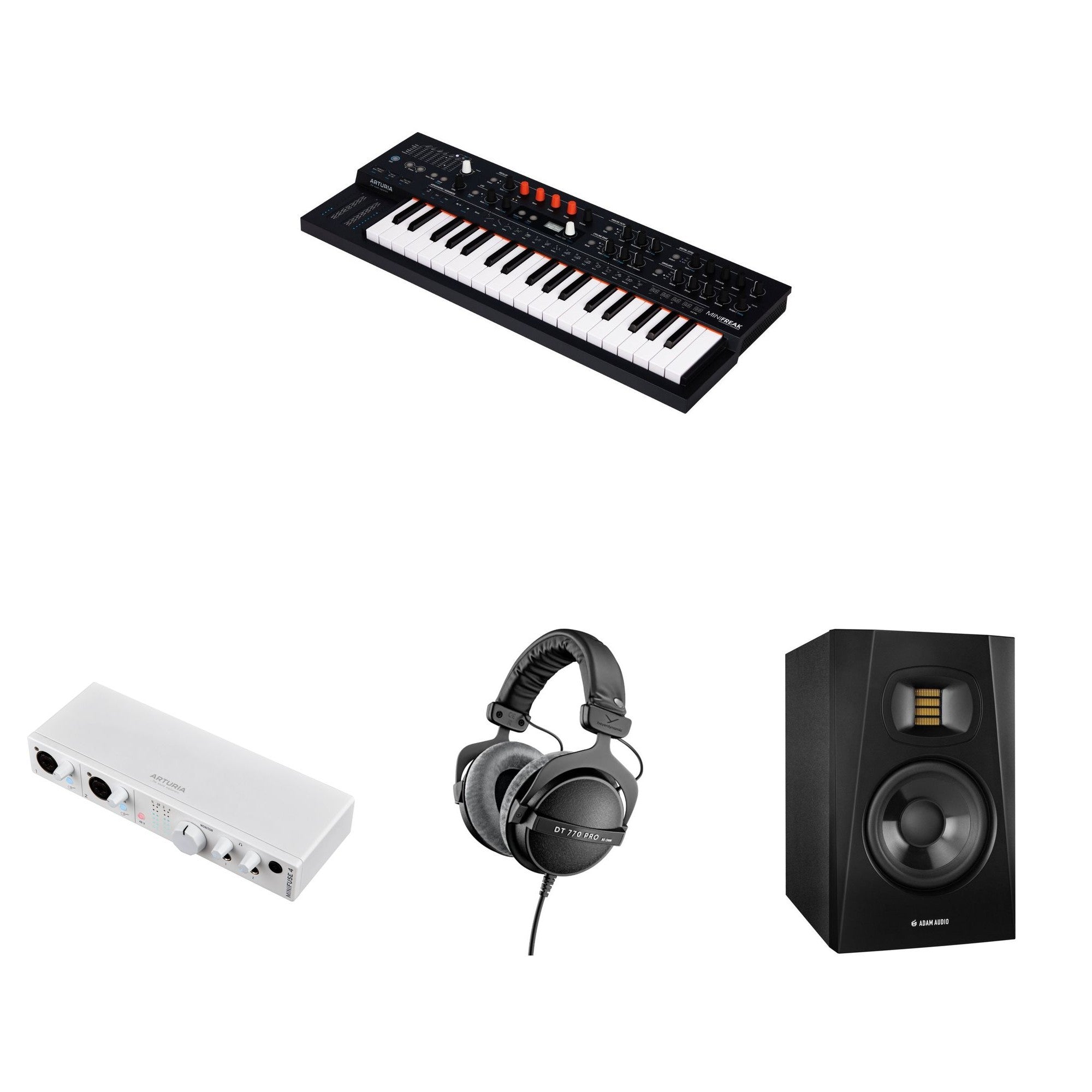 Arturia MiniFreak Studio Bundle keyboard and accessories set, featuring compact digital synthesizer and studio gear for music production.