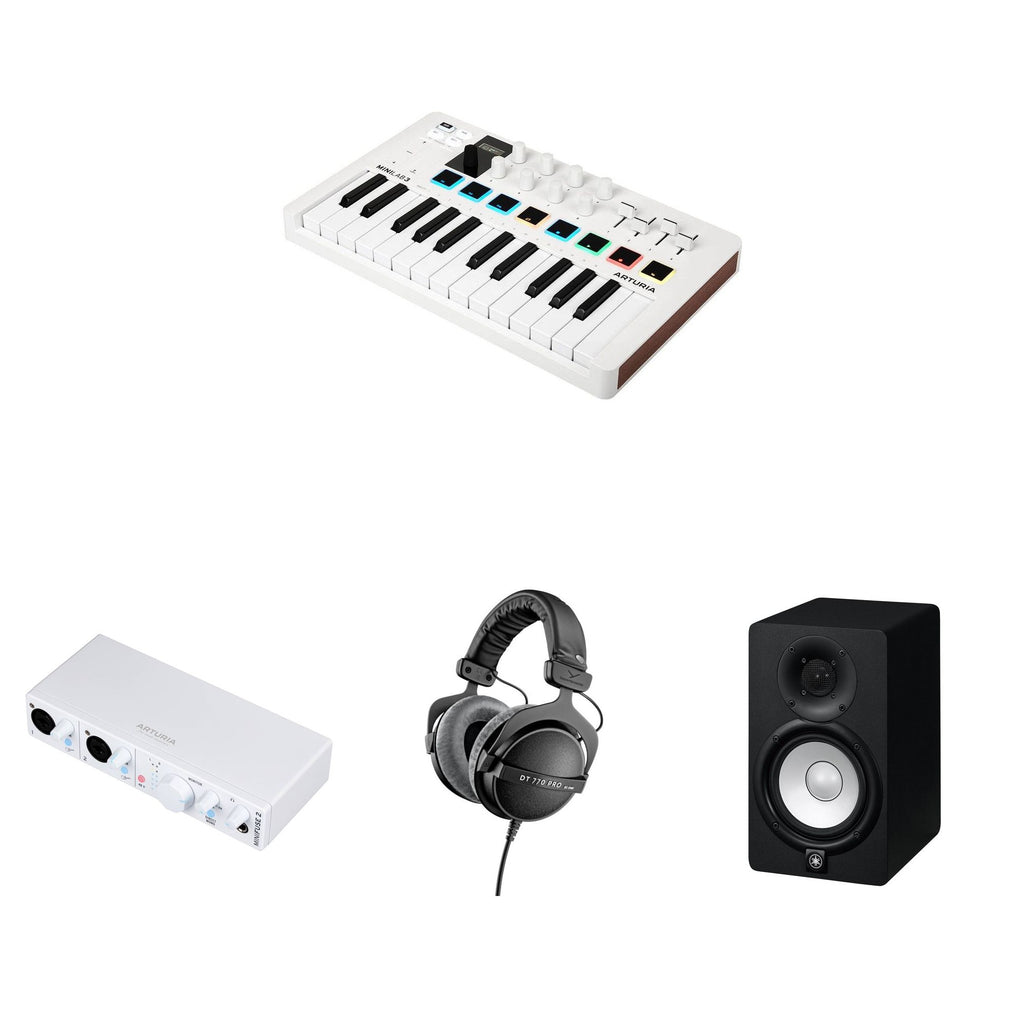 Arturia MiniLab 3 complete studio set with MIDI keyboard, controller, and accessories for music production.