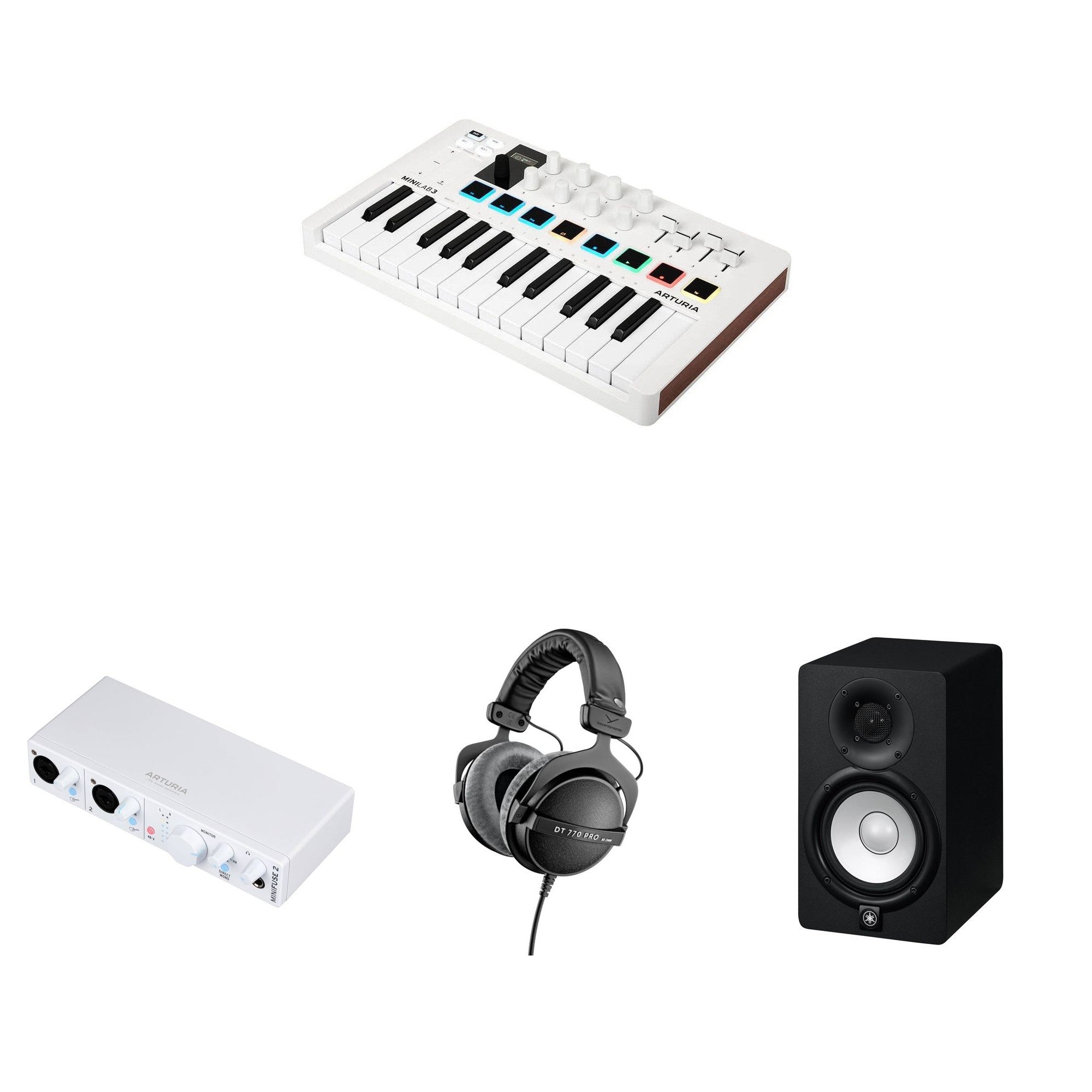 Arturia MiniLab 3 complete studio set with MIDI keyboard, controller, and accessories for music production.