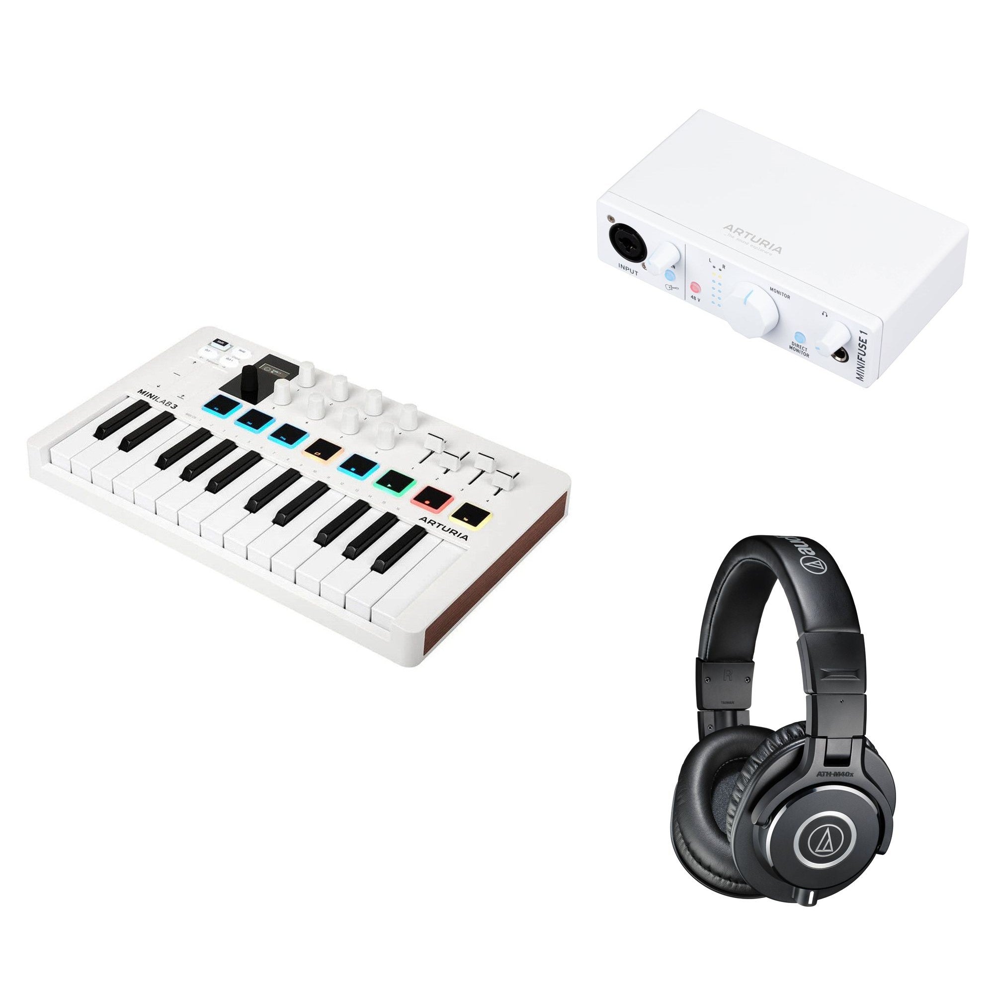 Arturia MiniLab 3 home studio keyboard set with compact MIDI controller and included accessories for music production.