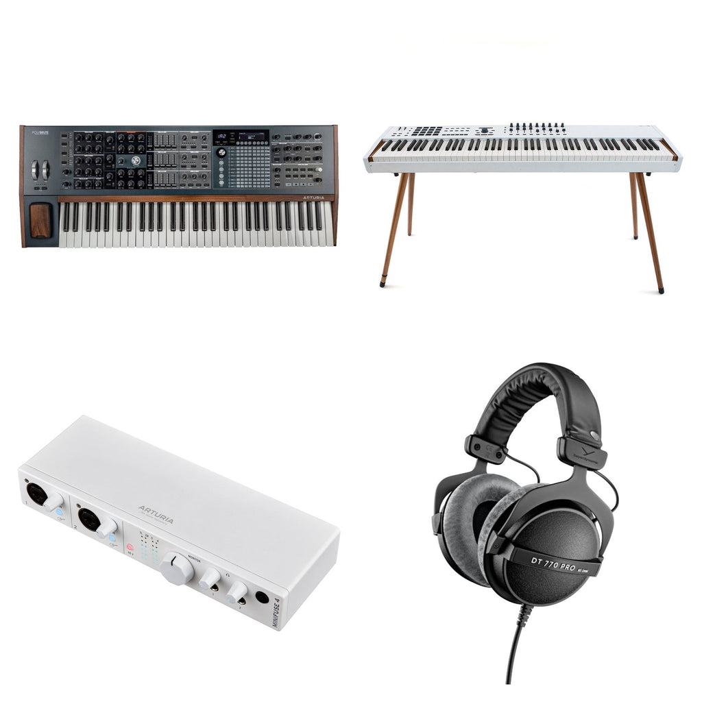 Arturia PolyBrute Producer Set keyboard bundle with synthesizer and accessories, showcasing the Arturia PolyBrute synth in a studio setup.