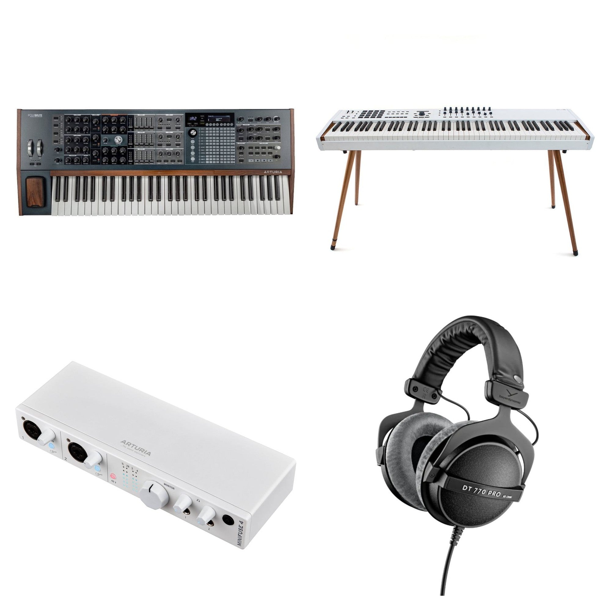 Arturia PolyBrute Producer Set keyboard bundle with synthesizer and accessories, showcasing the Arturia PolyBrute synth in a studio setup.
