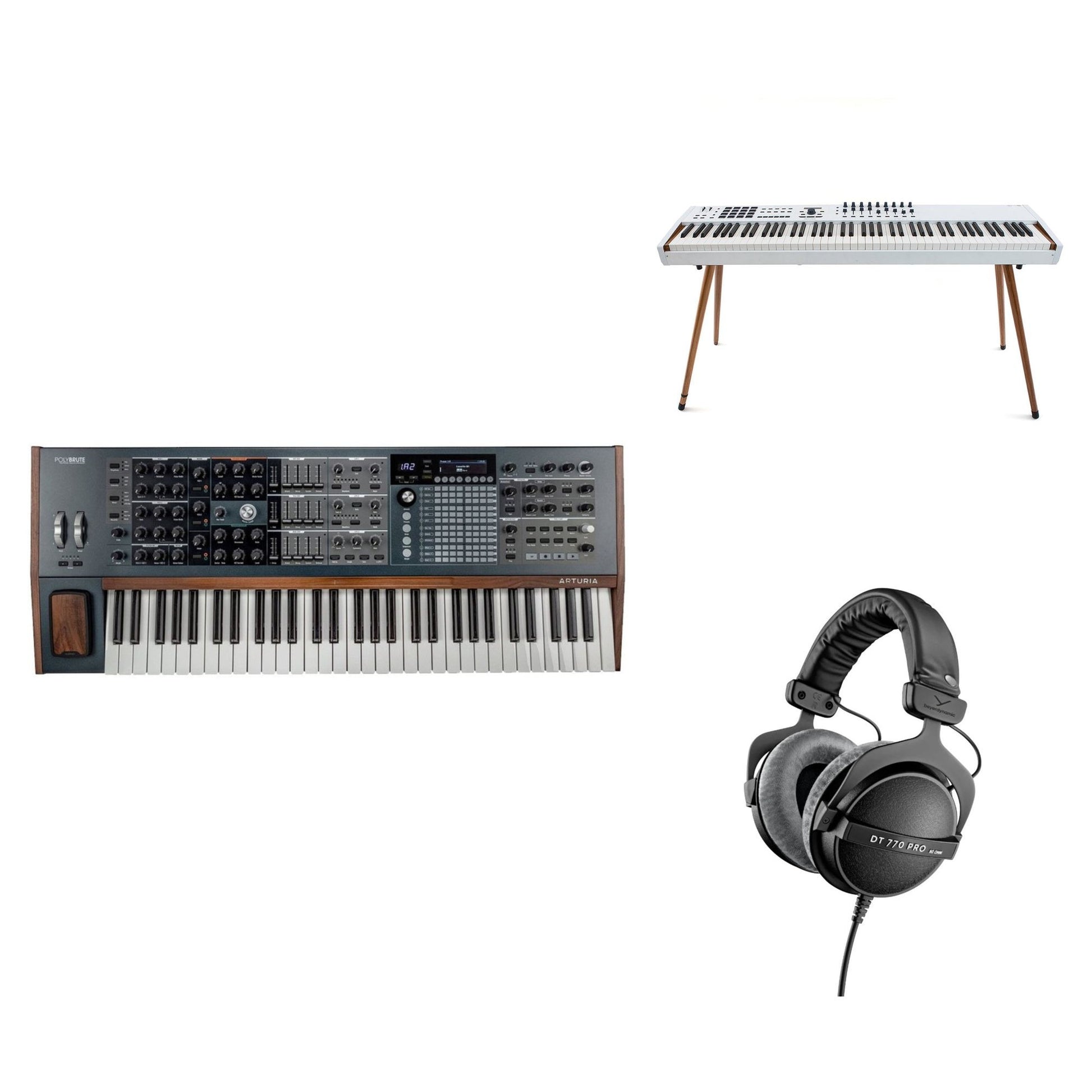 Arturia PolyBrute Studio Set keyboard bundle featuring the PolyBrute analog synthesizer with accessories and case for music production.