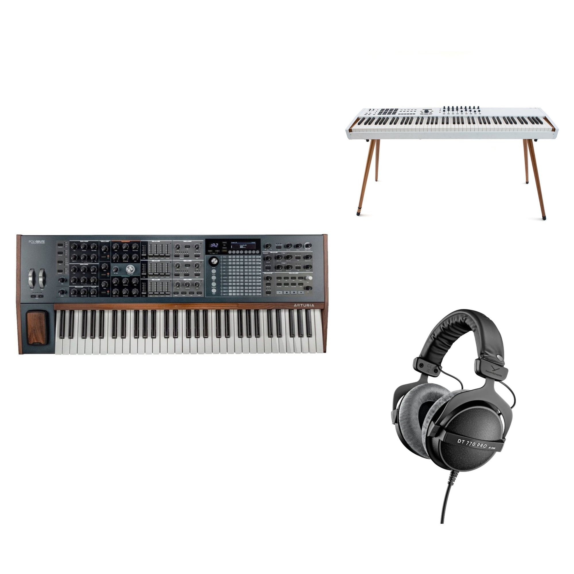 Arturia PolyBrute Studio Set keyboard bundle featuring the PolyBrute analog synthesizer with accessories and case for music production.