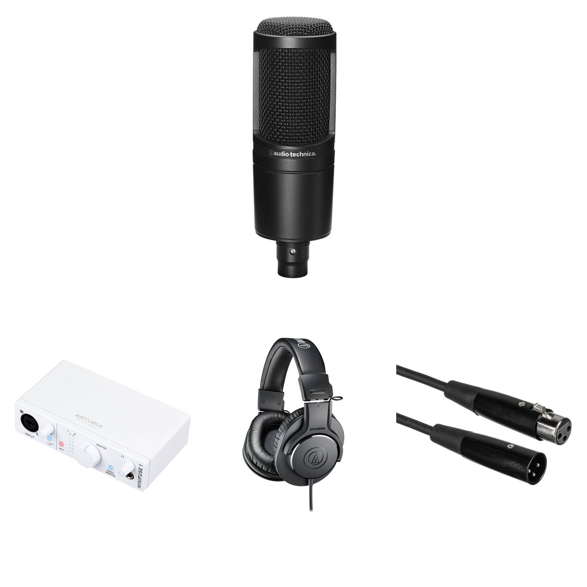 Audio-Technica AT 2020 Podcaster Set with microphone, headphones, and accessories for podcasting or recording sessions.