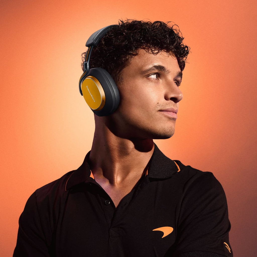 Bowers & Wilkins PX8 S2 McLaren Edition wireless headphones with sleek design and matte black finish, featuring McLaren branding.