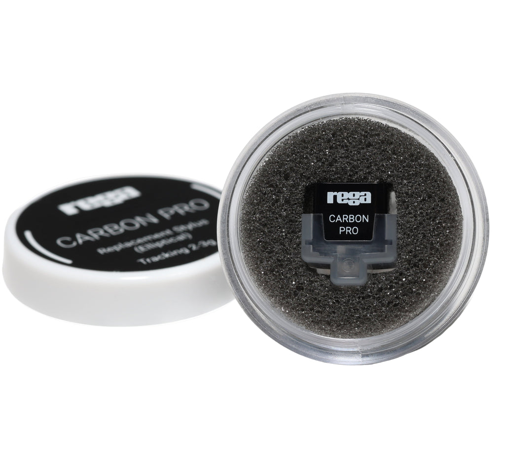 Rega Carbon Pro stylus for turntables, shown in packaging with focus on the stylus tip and branding.
